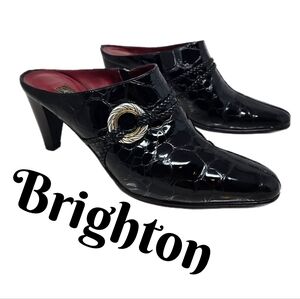 Brighton Women's Rico Sz 7.5M Heeled Mules Black Patent Leather Braided Jewelry